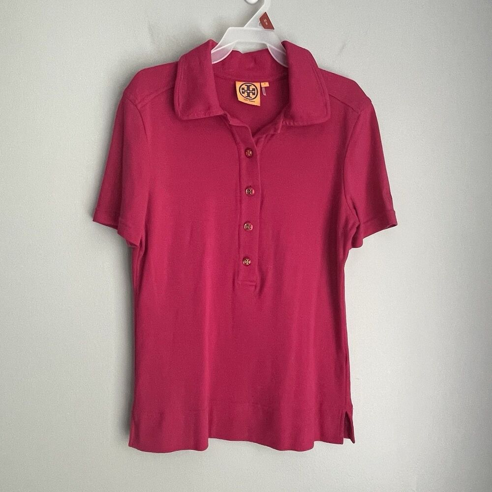 Tory Burch Polo Women's Size S Fuchsia 100% Cotton Gold Logo Button Shirt Collar